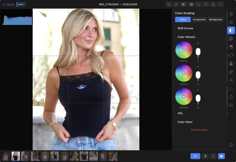 Chromaform editor with color wheels, histogram, and Global/FG/BG toggle